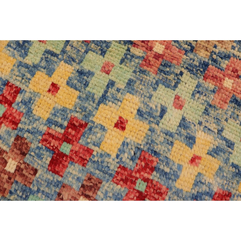 Modern Balochi Golden Blue/Red Hand Knotted Wool Rug - 3'4'' x 5'1''