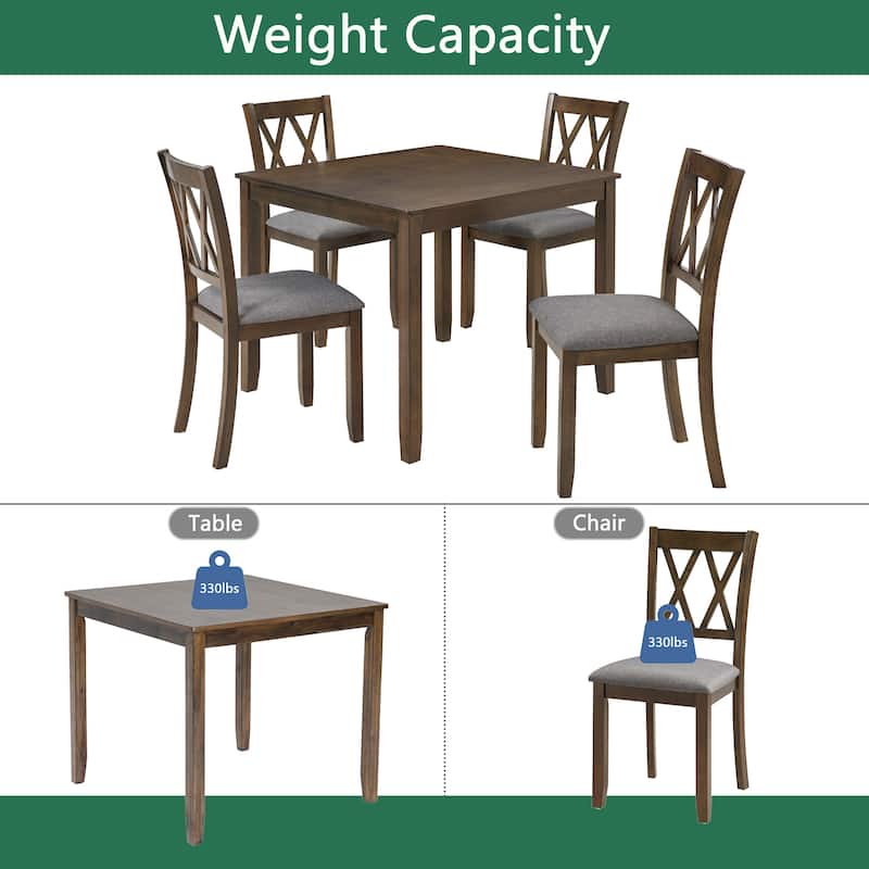 5-Piece Dining Table Set w/Square Table and 4 Upholstered X-Shaped Backrset Chair for 4 Person, Modern Style Wooden Table Set