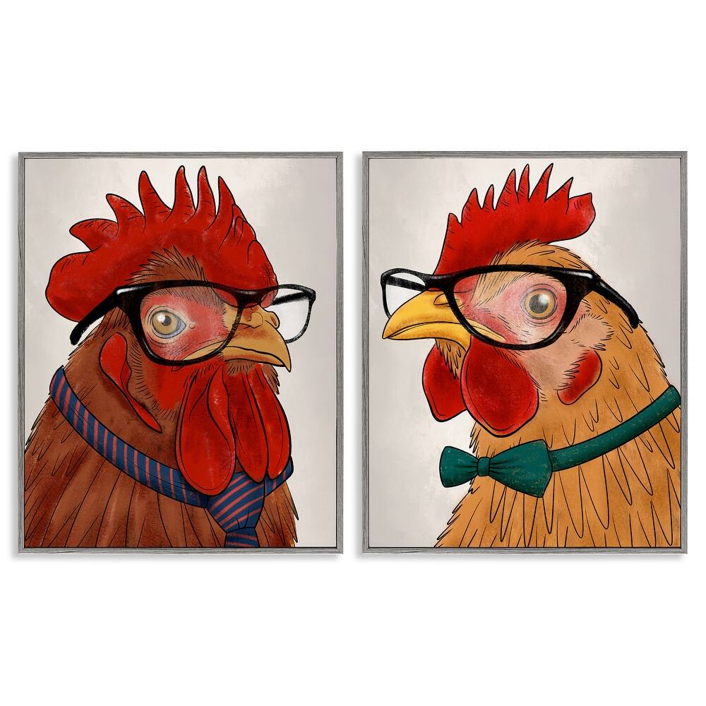 Stupell Quirky Hipster Roosters Framed Giclee Art Design By Marcus Prime (Set of 2)