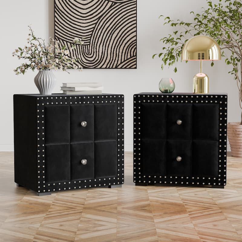 247 Shop At Home Fynor Modern Velvet 2-Drawer Nightstand (Set of 2) - Black