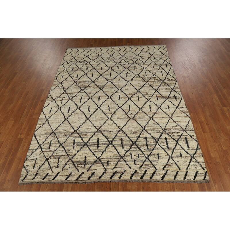 Geometric Trellis Moroccan Oriental Area Rug Hand-Knotted Wool Carpet - 6'11" x 9'5"