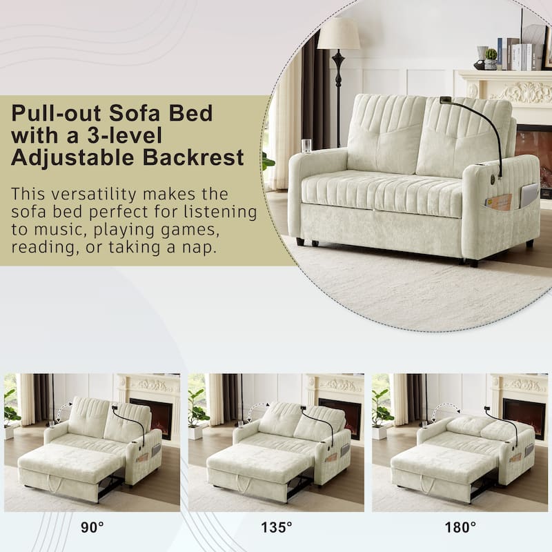 53.9" Chenille Convertible Loveseat with Pull-Out Bed, 3 USB Ports, and Smart Storage