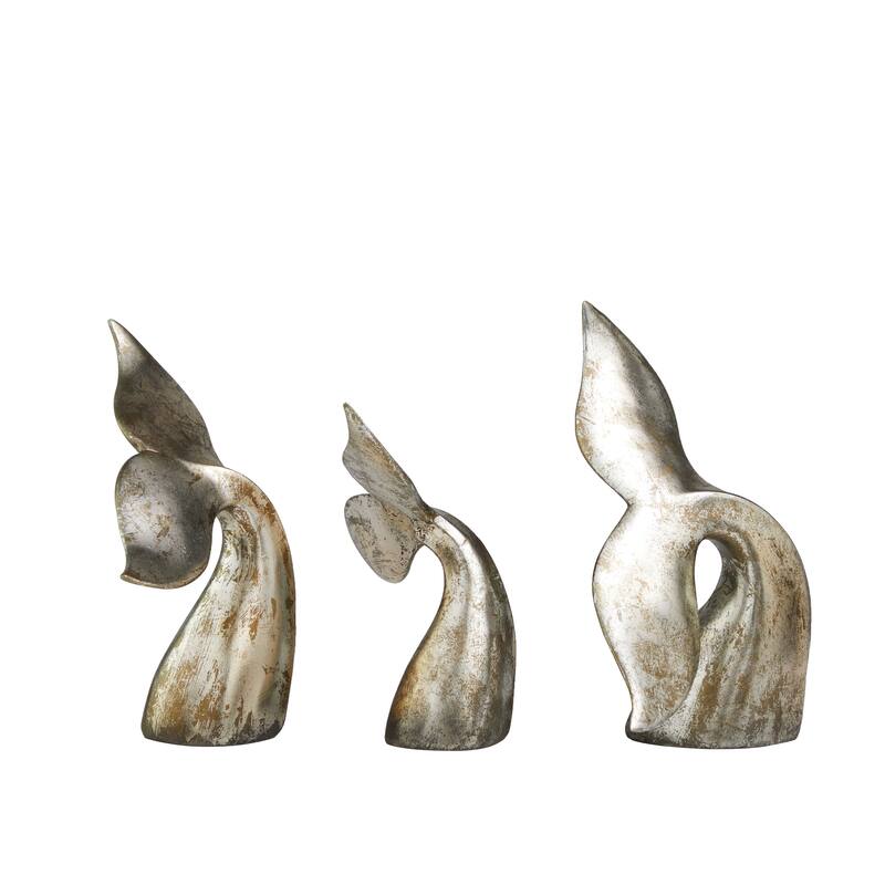 Silver Polystone Whale Decorative Sculpture with Various Sized Tails and Copper Distressing (Set of 3)