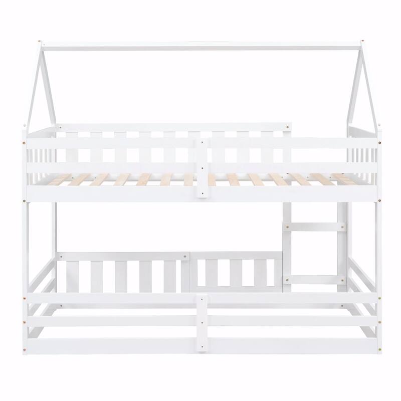 Twin over Twin House Bunk Bed with Fence and Door