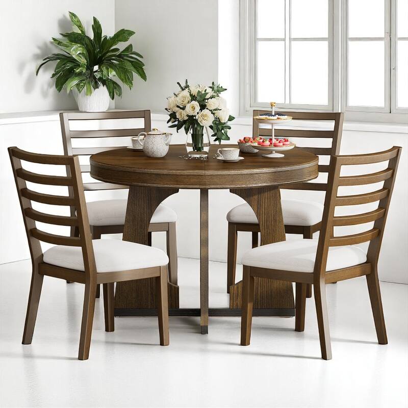 Retro 5-Piece Round Dining Table Set with Leaf Extension and Upholstered Chairs for Kitchen