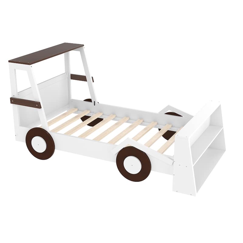 Twin Size Car Bed with Storage Shelves - Kids Platform Bed, Cute Car Shape, Childlike Design