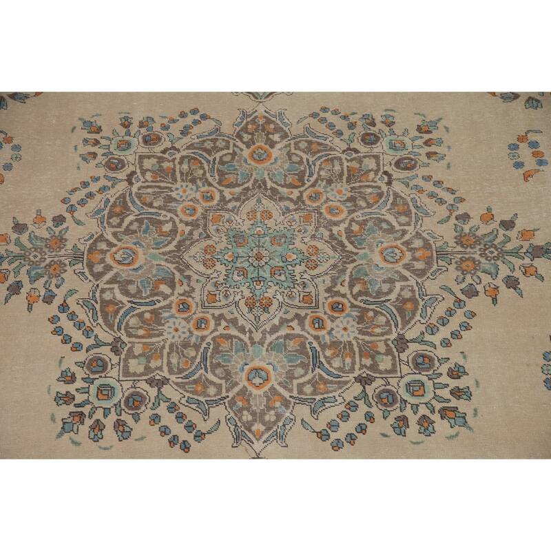 Hand Knotted Oriental 100% Wool Carpet Traditional Floral Beige & Ivories Tabriz Area Rug - 11' 6'' X 8' 7''