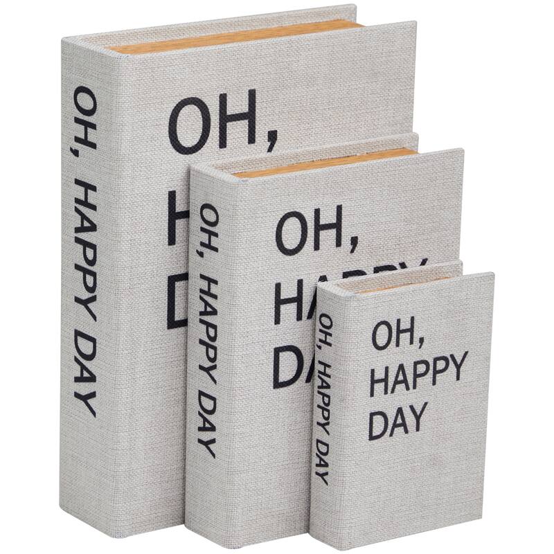 Faux Leather or Linen Fabric Book Storage Box - Set of 3 White, Beige, Black, Red or Light Gray - Roche River Decor - Light Gray - "Oh, Happy Day" Text Cover