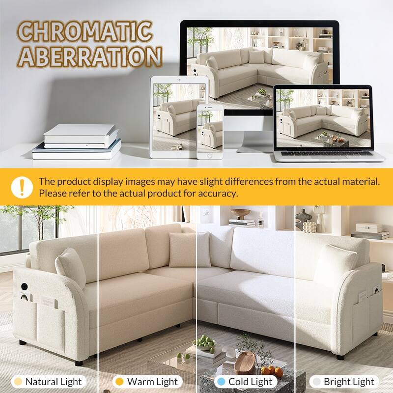 85" L-Shaped Convertible Sleeper Sofa with Pull-Out Bed, Teddy Upholstery & USB Ports