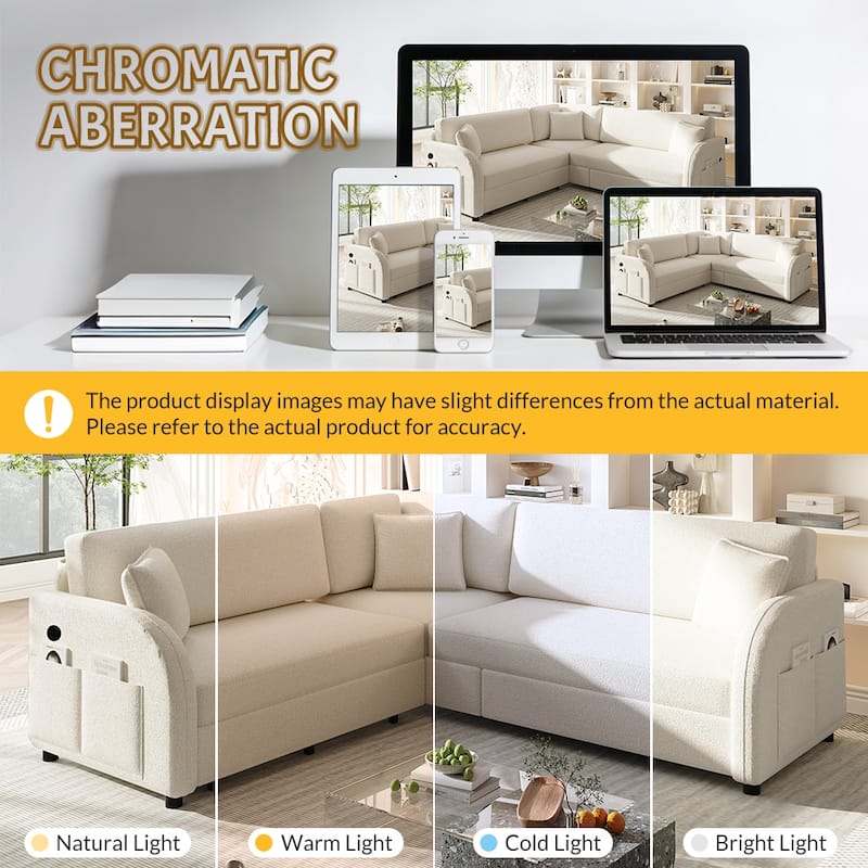 GDFStudio - 85.1" Teddy Upholstered L-Shaped Sleeper Sofa with USB & Side Pocket