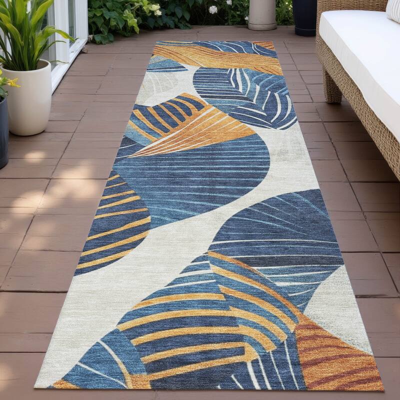 Machine Washable Indoor/Outdoor Coastal Palm Leave Chantille Rug - Navy - 2'3" x 7'6"