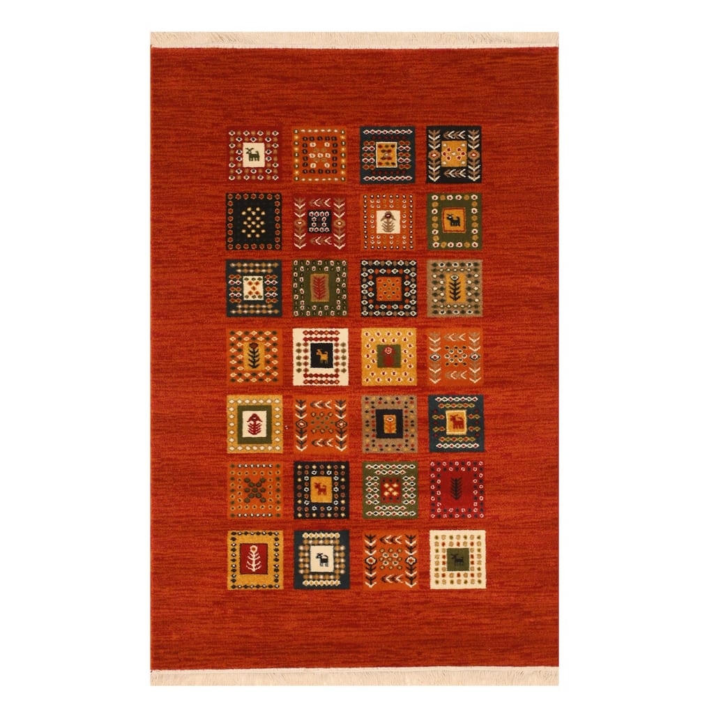 Rust Bohemian Oriental Gabbeh Rug, Warm Rustic Design, Soft Wool Texture - L