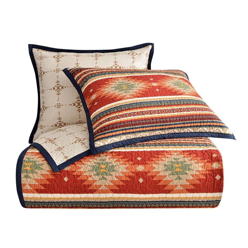 Paseo Road Del Sol Aztec Western Bedding 3 Piece Reversible Quilt Set with Pillow Shams
