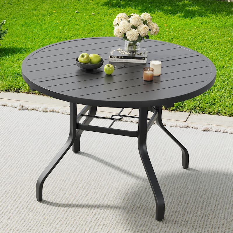 Round Outdoor Dining Table, 41" Round Patio Table Wood-Like Grain with 1.57" Umbrella Hole, Metal Outdoor Dining Tables