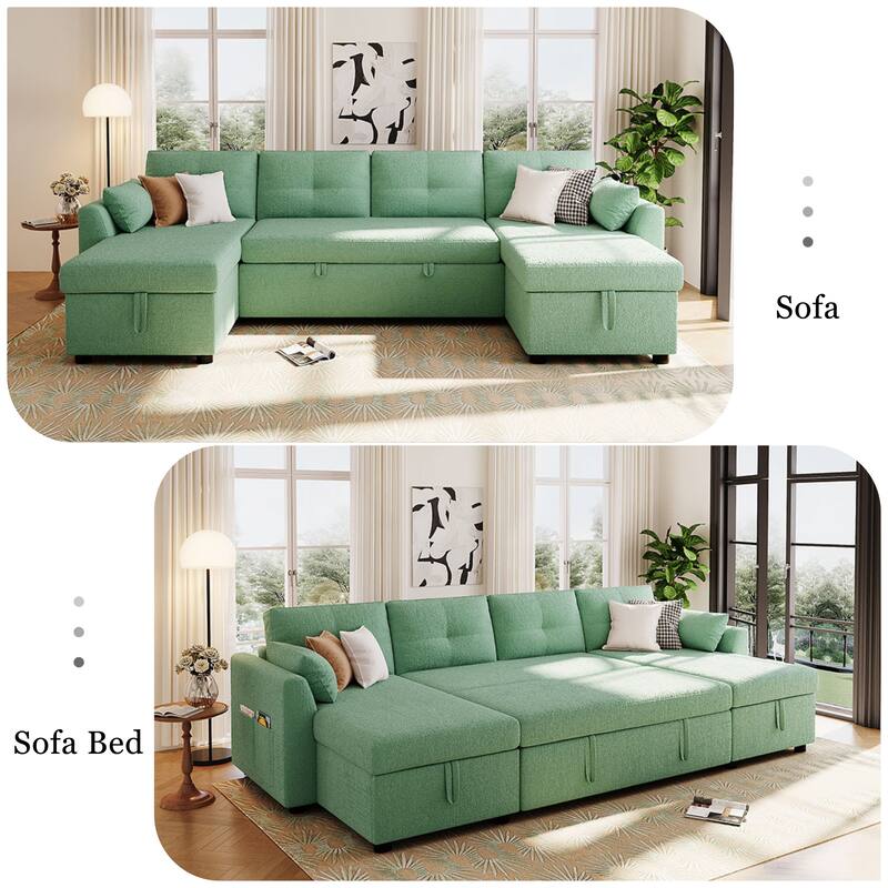Oversized U-shaped Sectional Sofa with USB Ports, Dual Storage Chaise Lounges Sofa with Pull-out Bed Convertible Sleeper Sofa - Green - Symmetrical