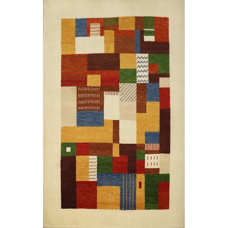 Hand Knotted Oriental 100% Wool Carpet Modern Geometric Multi-Colored Gabbeh Area Rug - 6' 7'' X 4' 9''