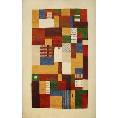 Hand Knotted Oriental 100% Wool Carpet Modern Geometric Multi-Colored Gabbeh Area Rug - 6' 7'' X 4' 9''