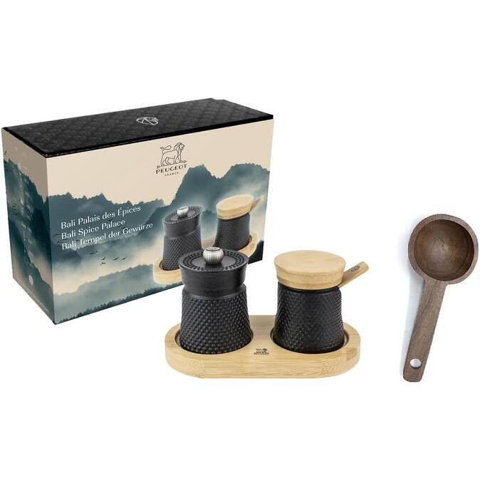 Peugeot Bali Black Cast-Iron Pepper Mill & Salt Cellar With Wooden Tray Gift Boxed- With Wooden Spice Scoop - Multi - 4 Piece