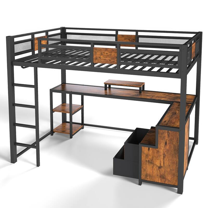 Twin XL Loft Bed with Desk and Storage Non-woven Fabric Drawers with Ladders, Nosie-free and No Spring Box Needed
