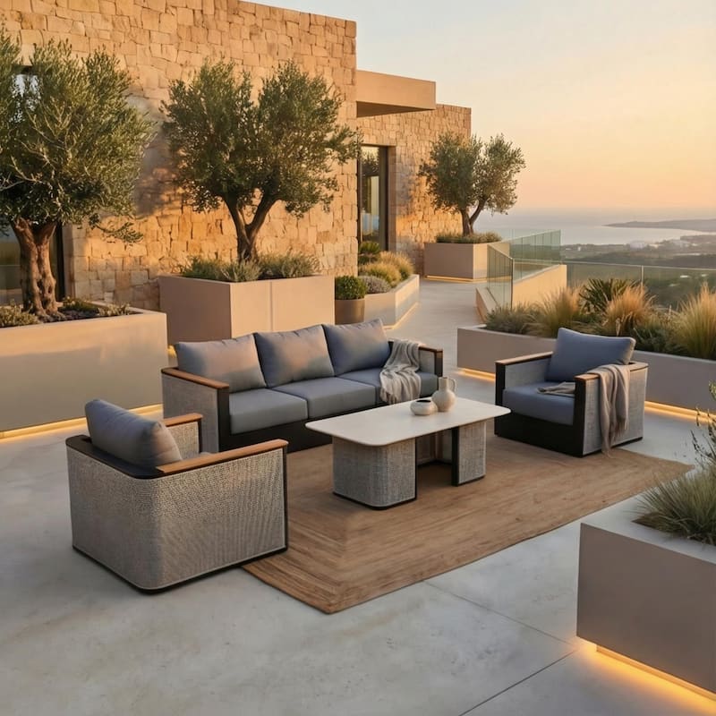 Arvin 4-Piece Outdoor Patio Conversation Set in Aluminum with Olefin Fabric Cushions Sintered Stone Rectangular Coffee Table