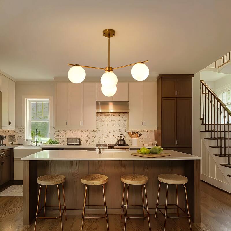 4-Light Mid-Century Modern Gold Metal Globe Pendant Light - Frosted Glass Sphere Fixture for Dining Room - 4 Light