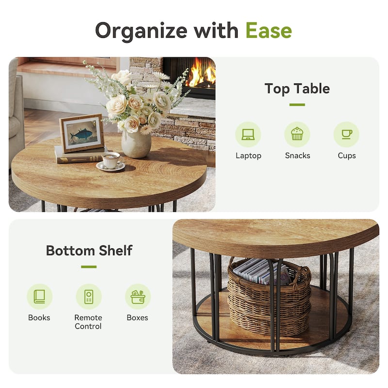Round Coffee Table, Center Table with Open Storage, Living Room Home Decor Accent Tea Table