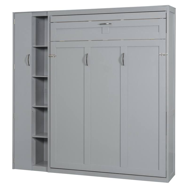 Space-Saving Full Size Wall Bed with Shelves, Wardrobe, and LED Lights, Gray
