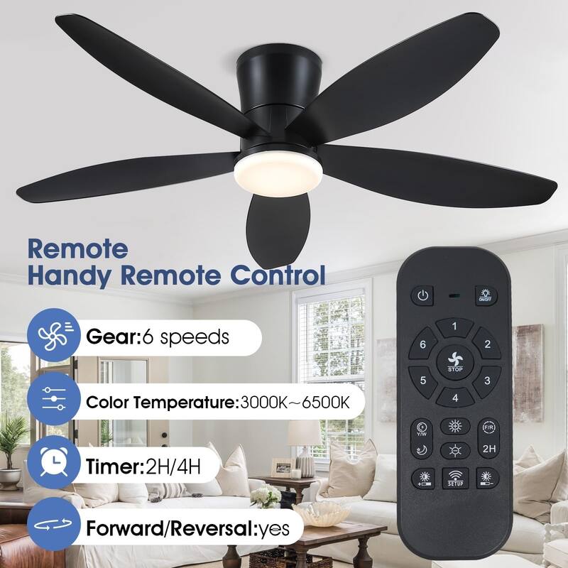 36"/42"/48" Low Profile Ceiling Fan with ABS Blades 3 Color LED Flush Mount for Bedroom Living Room APP and Remote Control