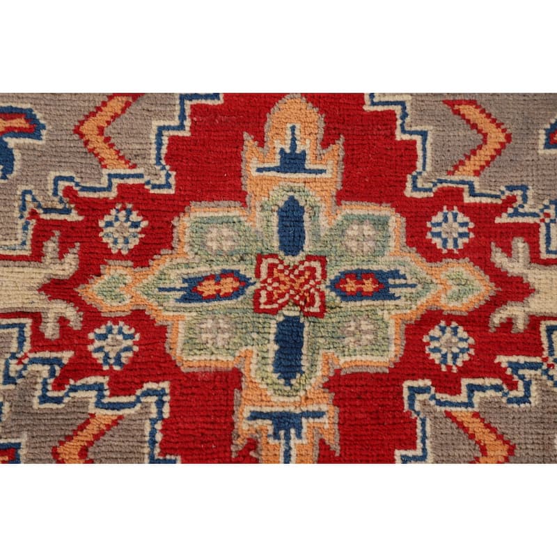 Geometric Grey Kazak Accent Rug Hand-Knotted Wool Carpet - 3'8"x 4'11"