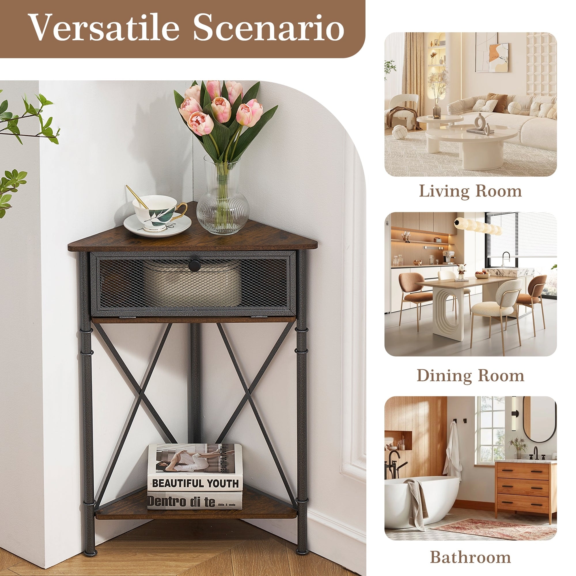 VECELO Industrial Style Corner Cabinet with Flip-Up Mesh Drawer
