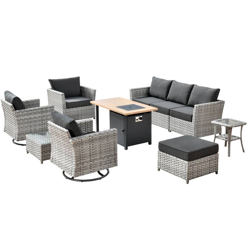OVIOS 10-Piece Patio Wicker Conversation Rocking Chair Set With Fire Table