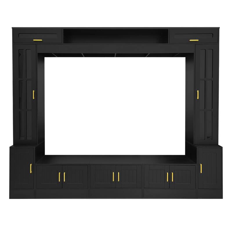 80 inch TV Stand, 8.4 ft Wall Unit Entertainment Center with Bookshelves & Glass Door Cabinets
