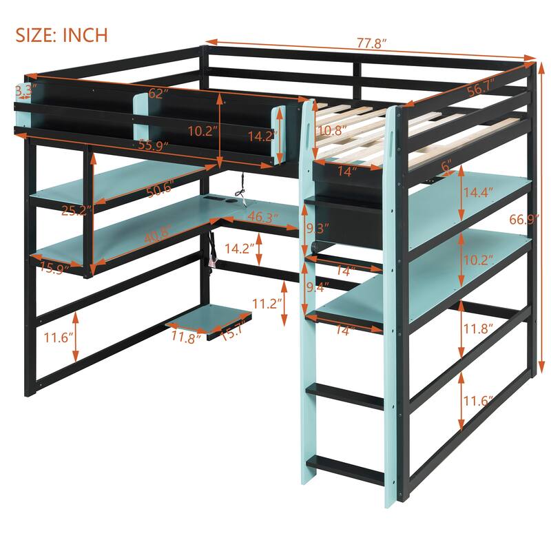 Loft Bed with Wraparound Study Hub, Side Storage Rack, USB Charging & RGB Light by Harper&Bright Designs