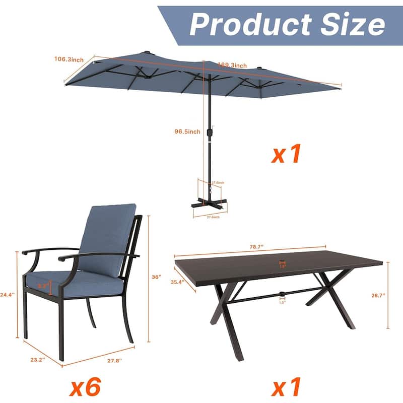 Kullavik 8 Pieces Outdoor Dining Set with 6 Single Chairs, X-Leg Table and Double-Sided Umbrella