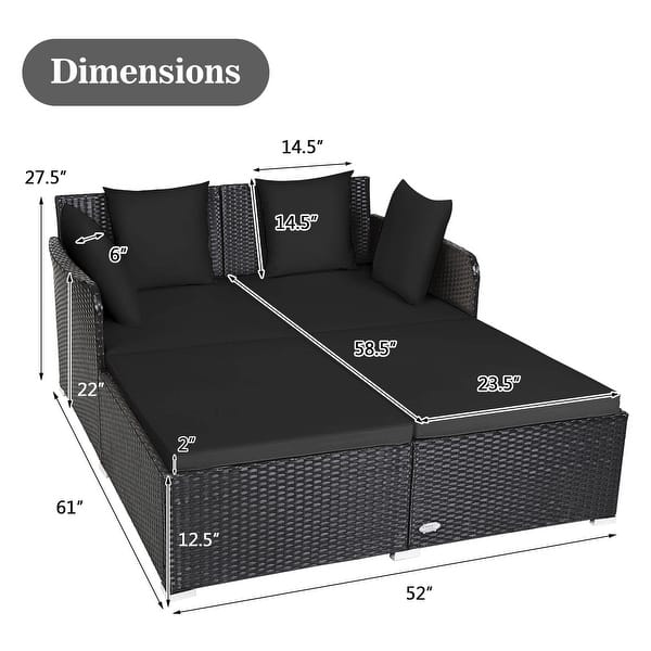 dimension image slide 3 of 6, Costway Outdoor Patio Rattan Daybed Pillows Cushioned Sofa Furniture - See details