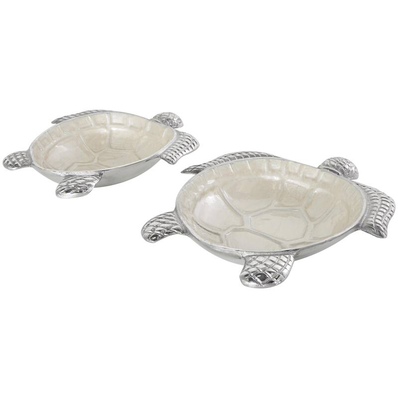 Aluminum Metal Turtle Handmade Enameled Decorative Bowl with Silver Exterior - Set of 2 White, Teal, Blue - Roche River Decor