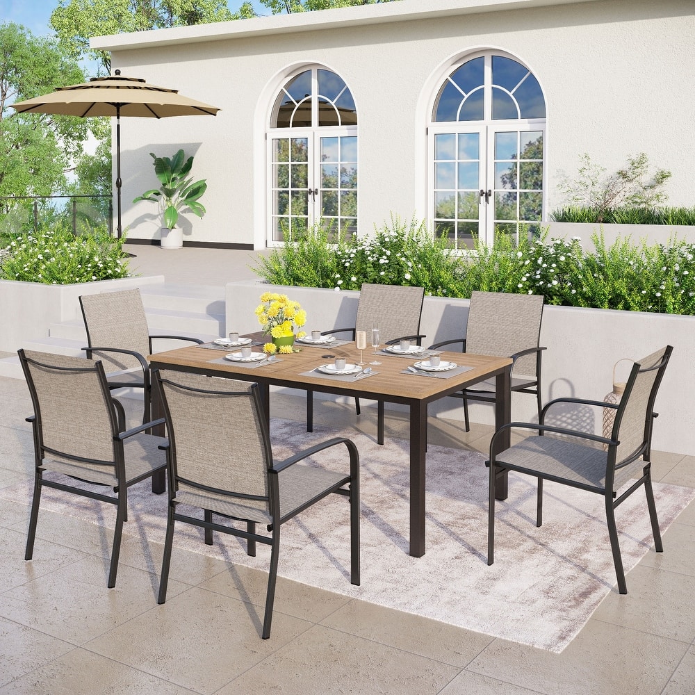 MAISON ARTS Outdoor Patio Dining Set 7 Piece Furniture Set with 6 Textilene Chairs and Metal Rectangular Brown Dining Table