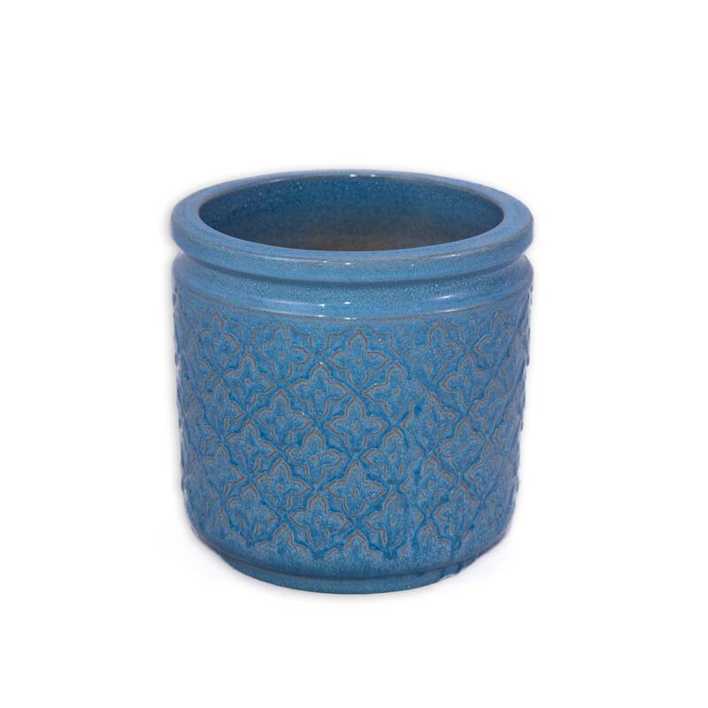 Antique Blue Ceramic Planter Set of 3 - 15 Inch Square Weatherproof Plant Pots with Drainage Holes
