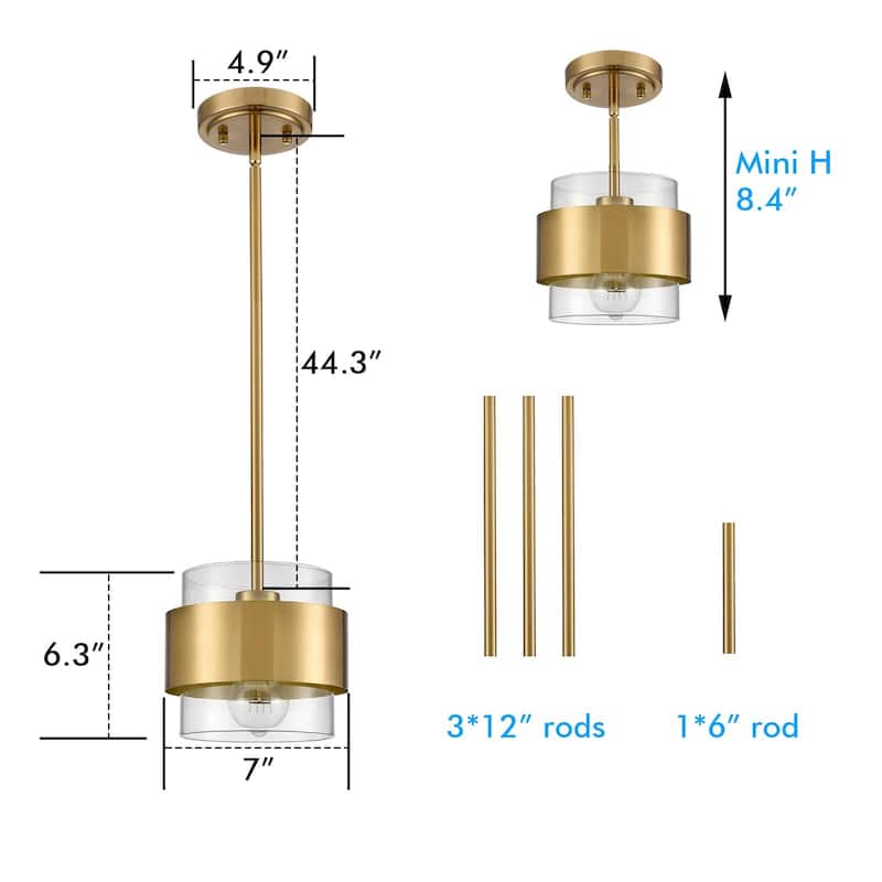 Murcia Modern Brass Rod-Hung Pendant 1-Light, Clear Glass Shade