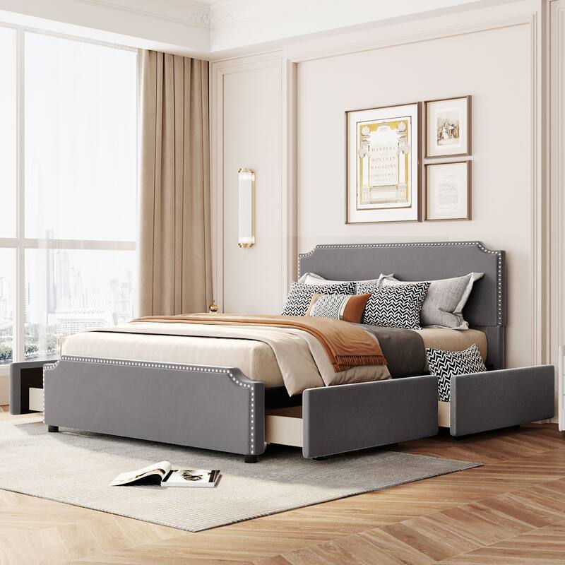 Velvet Fabric Upholstered Platform Bed with Stud Trim Headboard and Footboard and 4 Drawers No Box Spring Needed