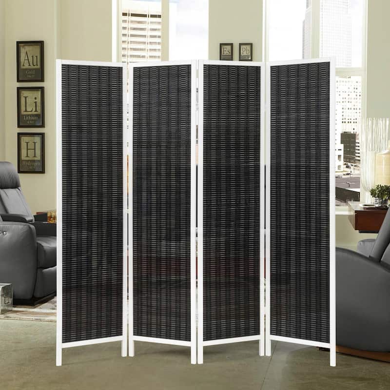 Roundhill Furniture Inkwell 4-Panel Bamboo Room Divider, Folding Portable Partition Screen - Black with White Frame