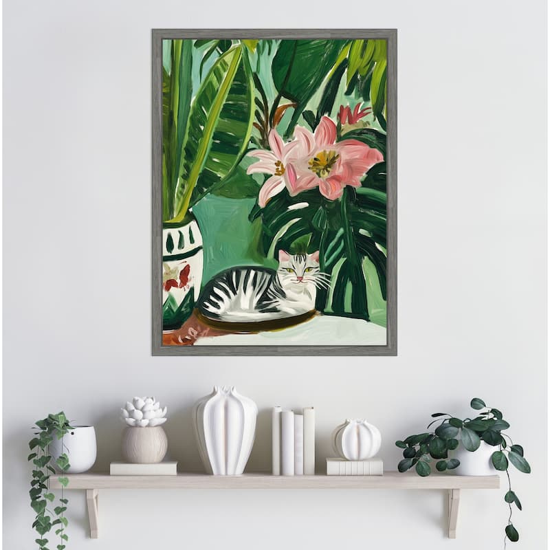 Tropical Muse With Cat by Mowzu Framed Canvas Wall Art