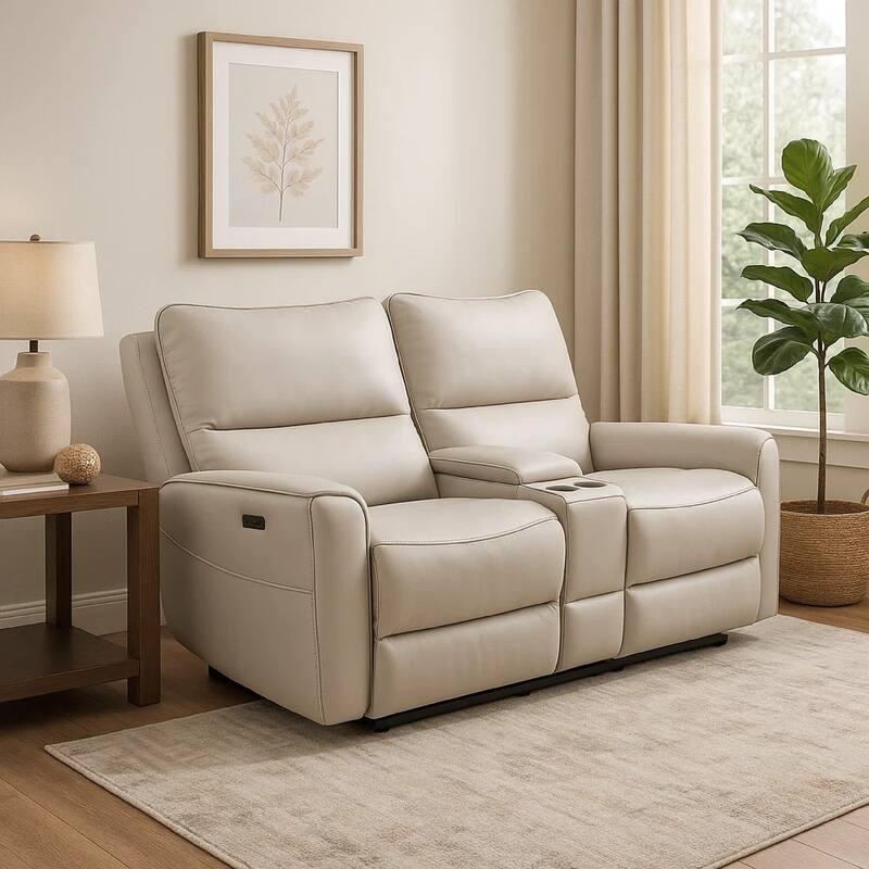 Pono Power Recliner Loveseat, Beige Top Grain Leather Zero Gravity