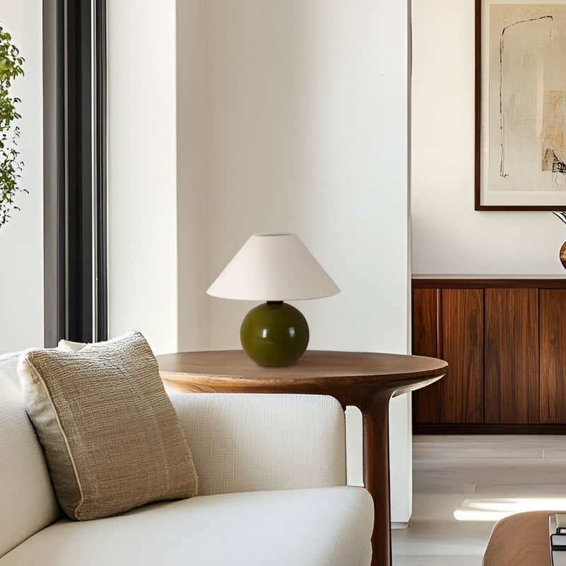 Brightech Fiona LED Olive Green Ceramic Midcentury Round Globe Bedside Nightstand Desk Lamp with Cream Cotton Empire Shade