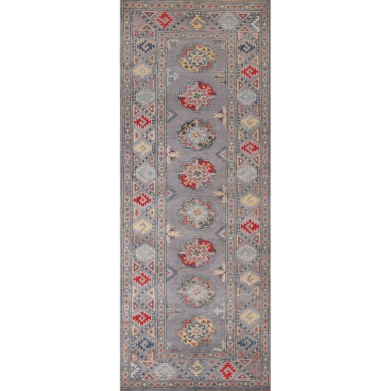 Geometric Gray Kazak Runner Rug Handmade Wool Carpet - 2'8" x 8'3"