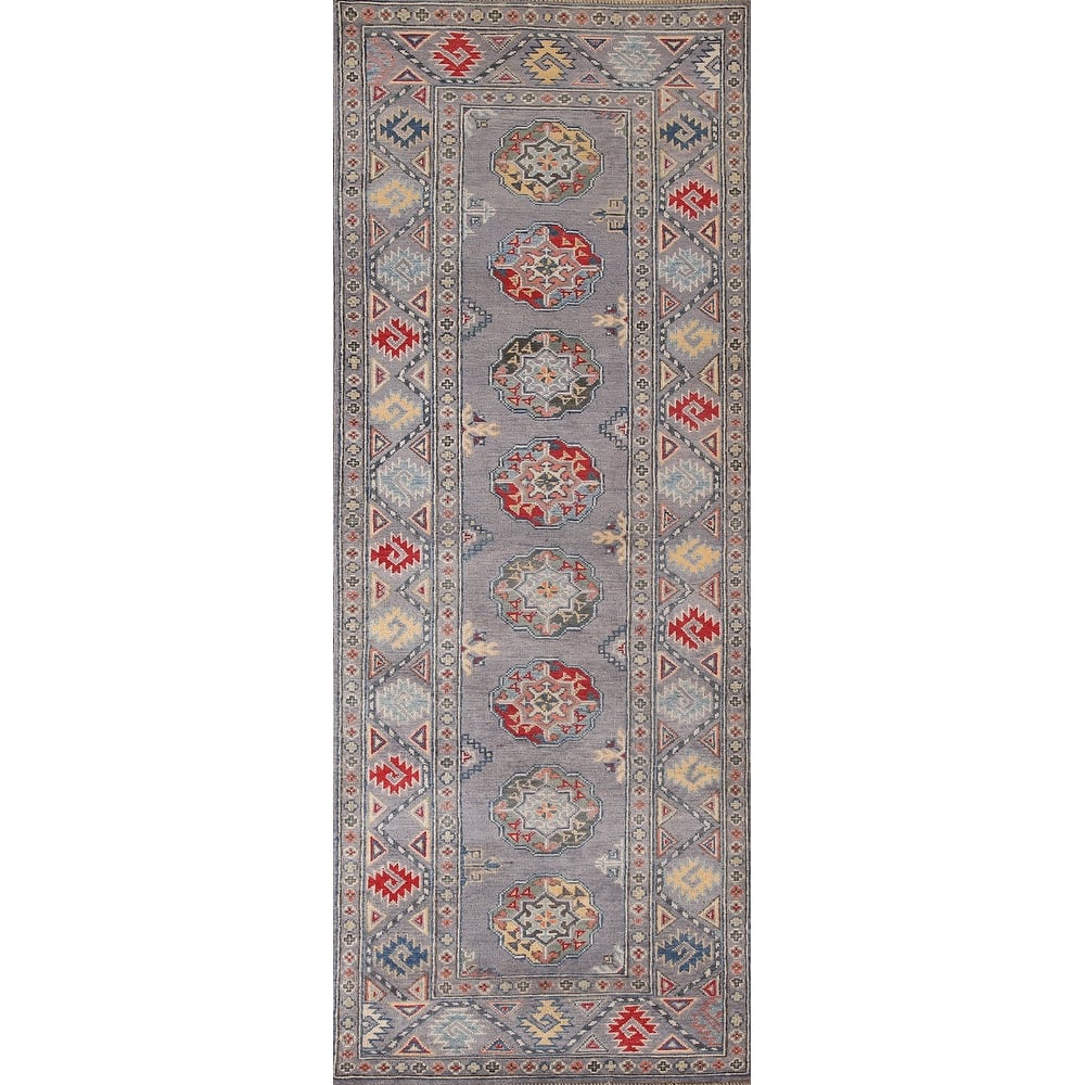 Geometric Gray Kazak Runner Rug Handmade Wool Carpet - 2'8" x 8'3"