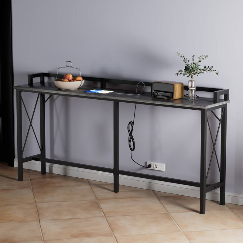 Javlergo Extra Long Console/Sofa Table with Charging Station&Power Outlet, Charcoal Grey