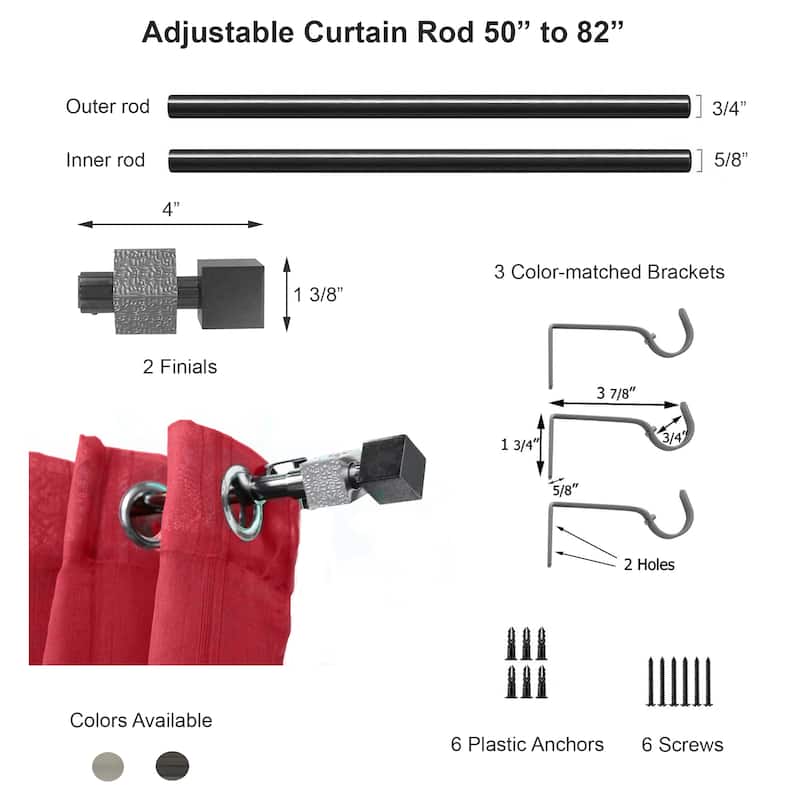 Adjustable 3/4" Single Window Curtain Rod 50" to 82" Graphite - 50" to 82" L x 3/4" D