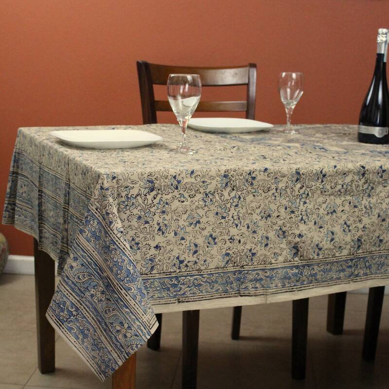Block Print Floral Paisley Elephant Tablecloth Rectangle - 70 x 102 inches - Beige Blue