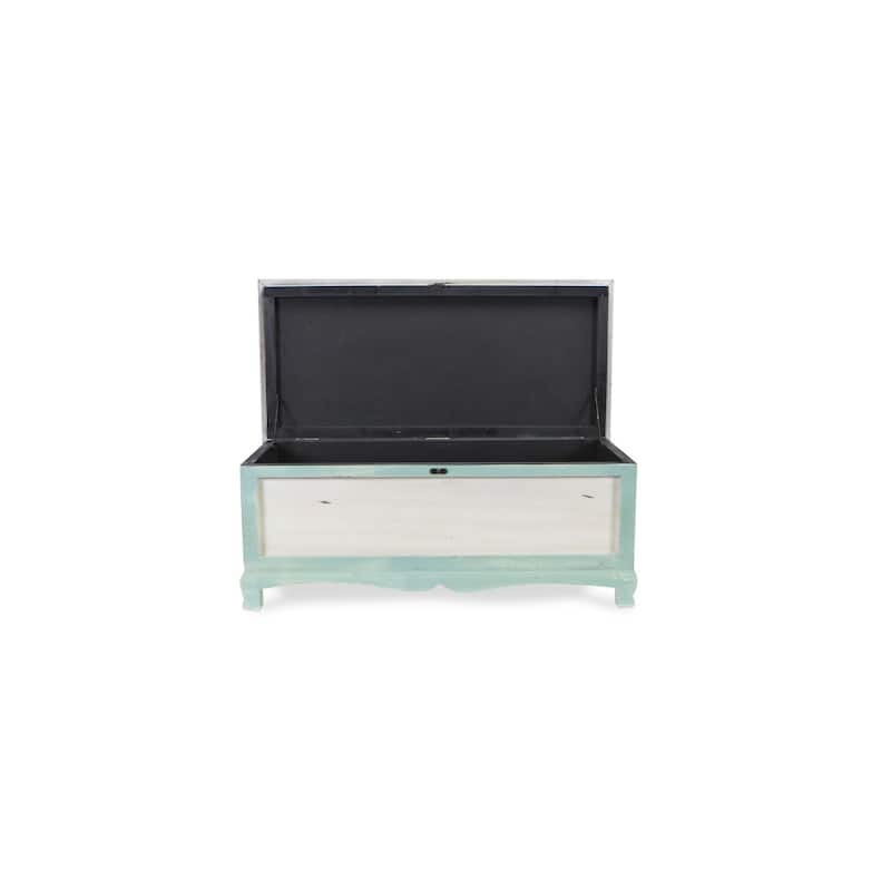 36" Teal Green and White Distressed Bench Chest with Seat Cushion